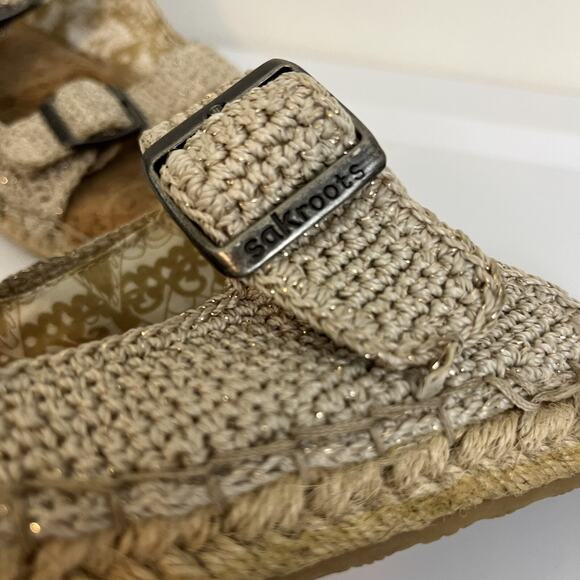 Sakroots Slide Cork Crochet Metallic Tan Thread Buckle Mandy Sandals Size 8 - Picture 3 of 6
